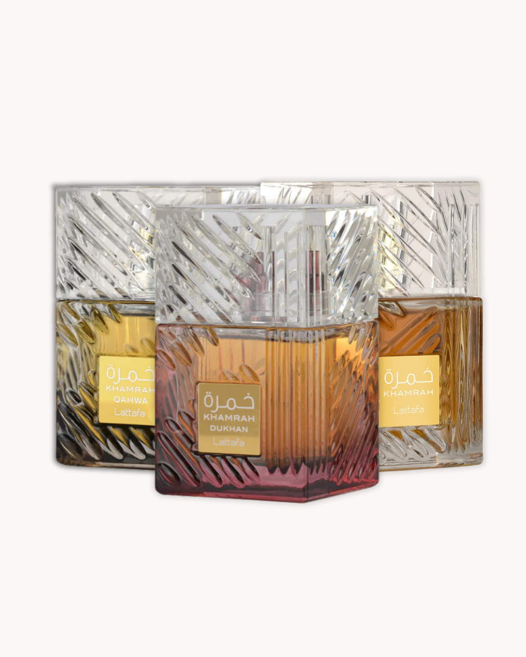 Khamrah EDP 100ml (3.4oz), Khamrah Qahwa EDP 100ml (3.4oz) & Khamrah Dukhan EDP 100ml (3.4oz) by Lattafa (Set of 3)