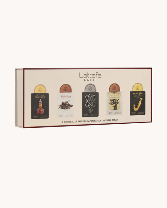Lattafa Pride 5 x 20ml Gift Set — Artisan Ethnique, Natural Oud, Tharwah Silver, Eternal Oud & Ishq Al Shuyukh Gold